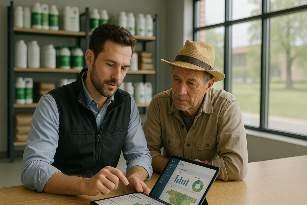 asesor técnico mostrando resultados en proceso comercial agropecuario